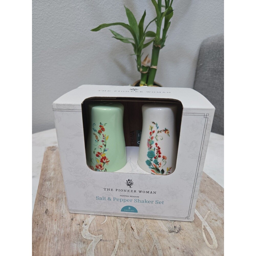 Pioneer Woman Painted Meadow Salt & Pepper Shaker Acacia Wood Base Floral Green